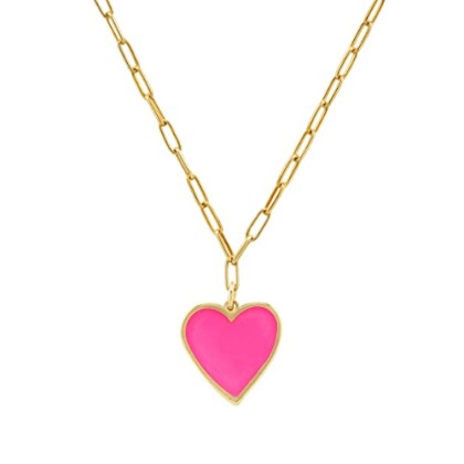 Pink Heart Pendant with Paperclip Chain Necklace