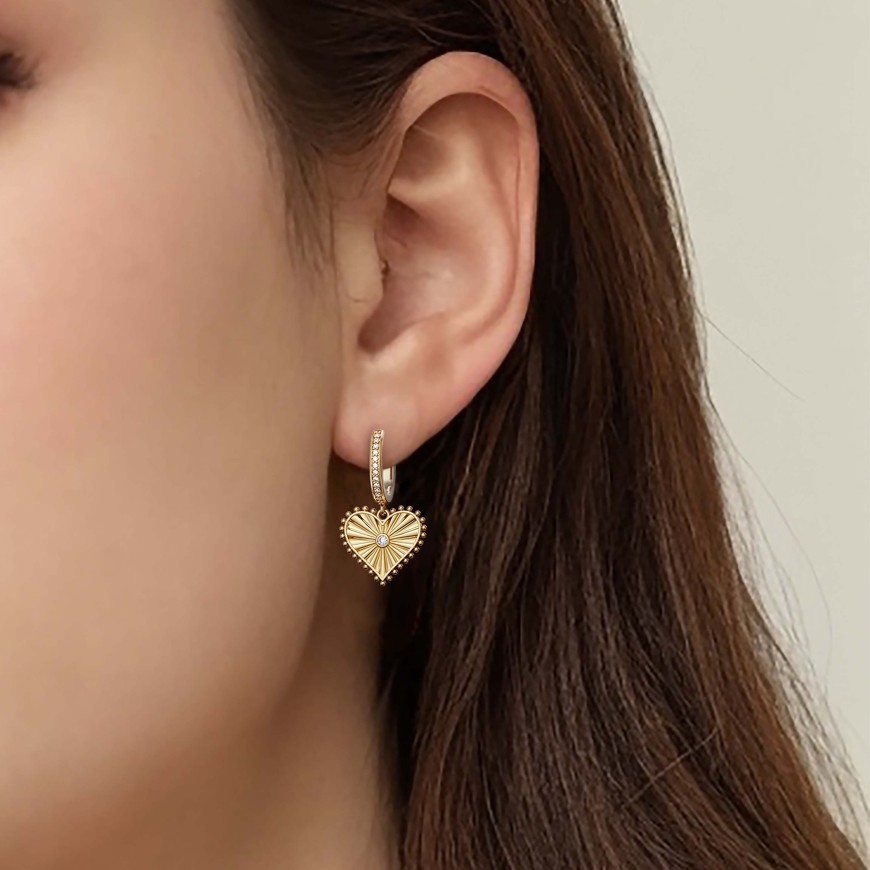 Beaded Heart with Radiating Sunbeam Love Hoop Earrings