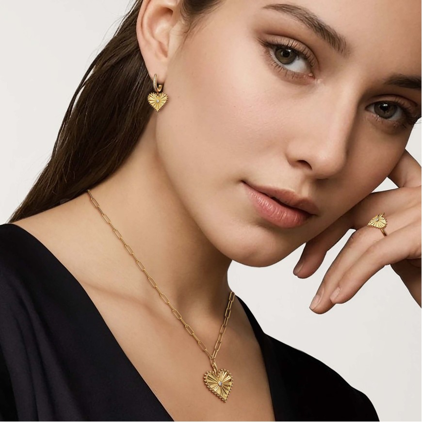 Beaded Heart with Radiating Sunbeam Love Hoop Earrings