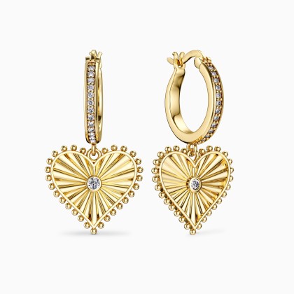 Beaded Heart with Radiating Sunbeam Love Hoop Earrings