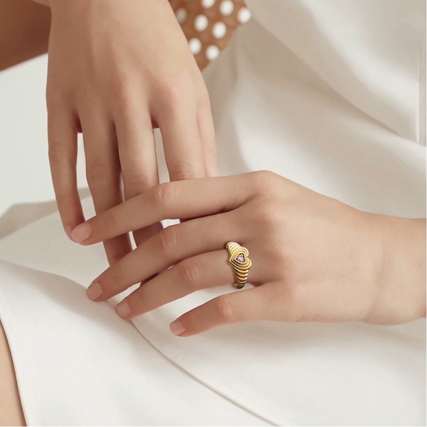 Timeless Enchanted Pink Heart Echo Wavy Pinky Signet Ring
