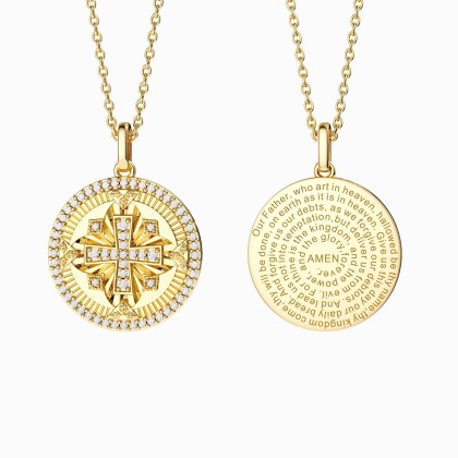 Divine Radiance Cross Protection Prayer Medallion Pendant Necklace - Gold Vermeil