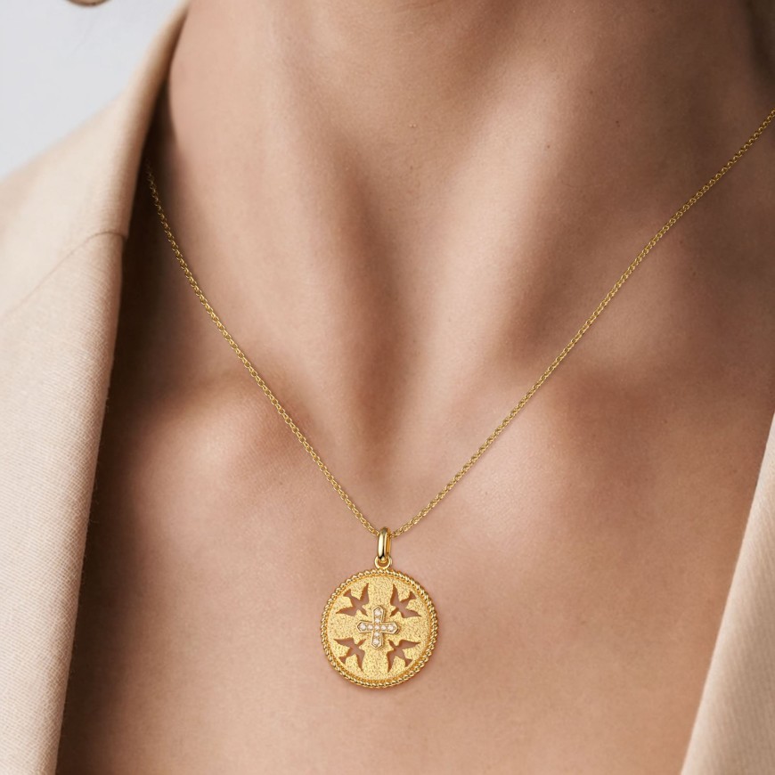 Boundless Love Cut-Out Doves Cross Medallion Necklace