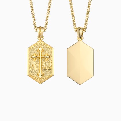 Hexagonal Alpha Omega Cross Medallion Necklace