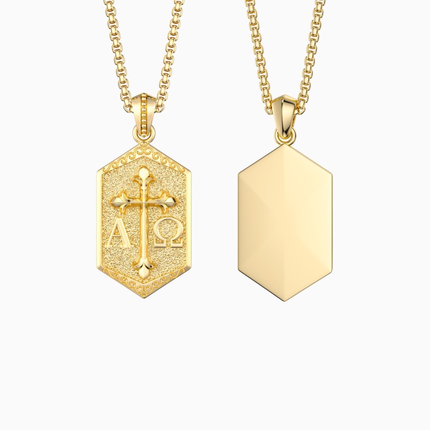 Hexagonal Alpha Omega Cross Medallion Necklace