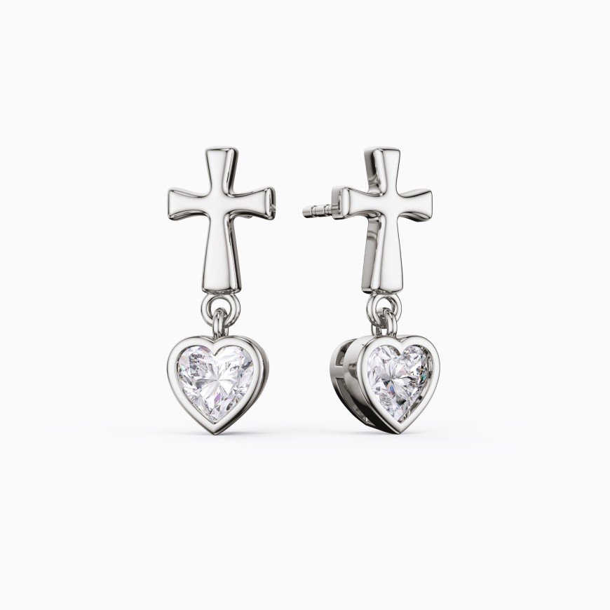 Cross Heart Shaped Bezel Dangling Earrings
