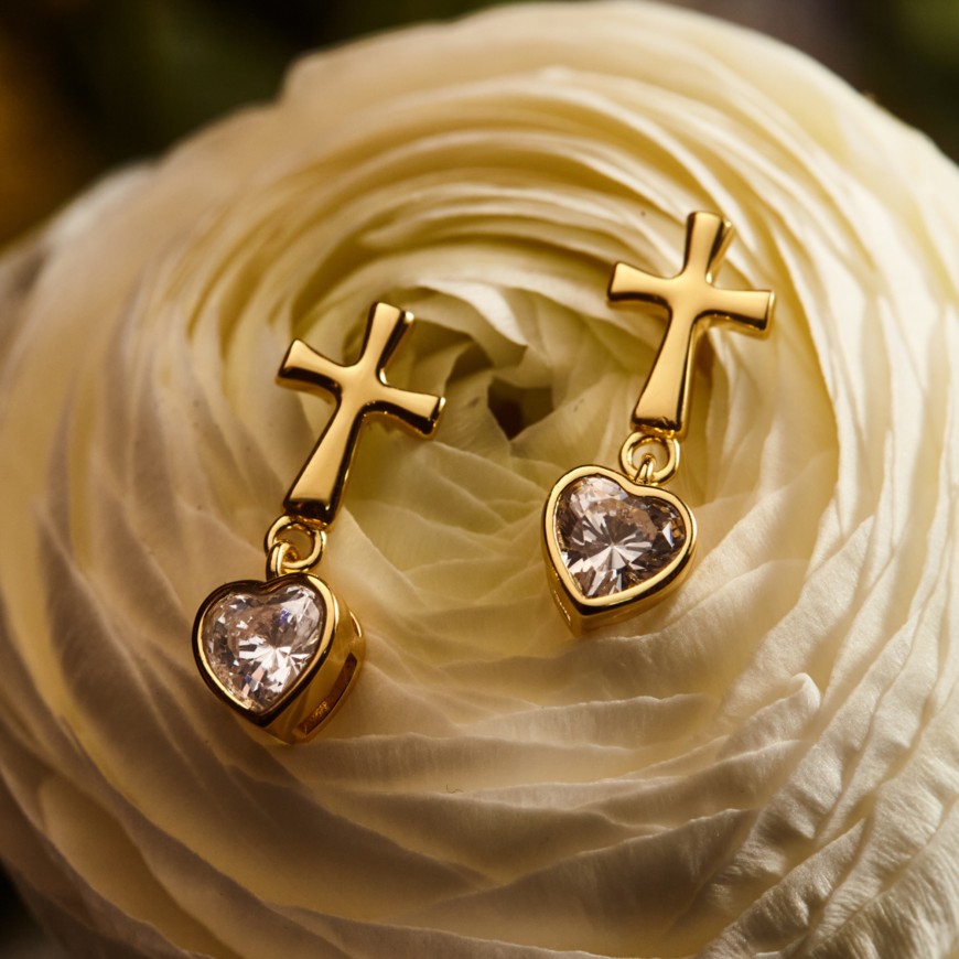 Cross Heart Shaped Bezel Dangling Earrings