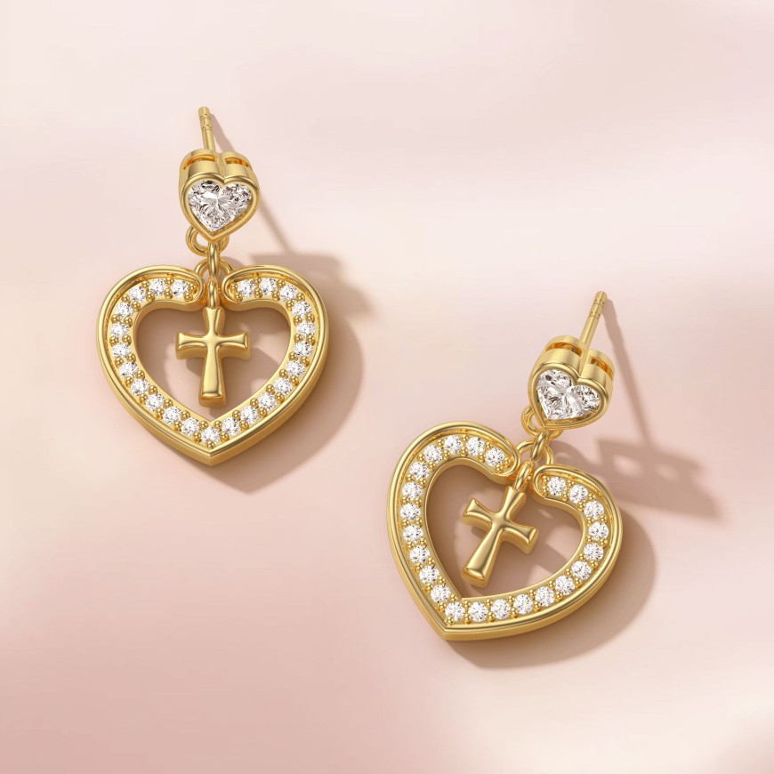 Divine Love Dangling Cross Heart Bezel Earrings