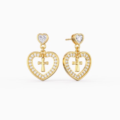Divine Love Dangling Cross Heart Bezel Earrings