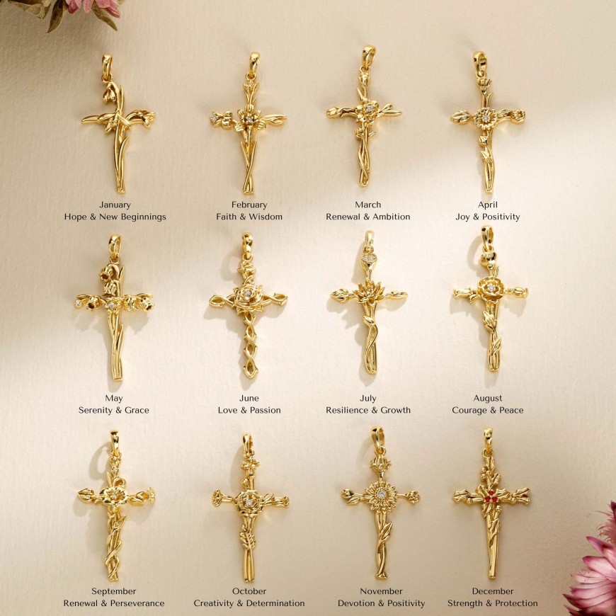 Birth Flower Cross Pendant Necklace