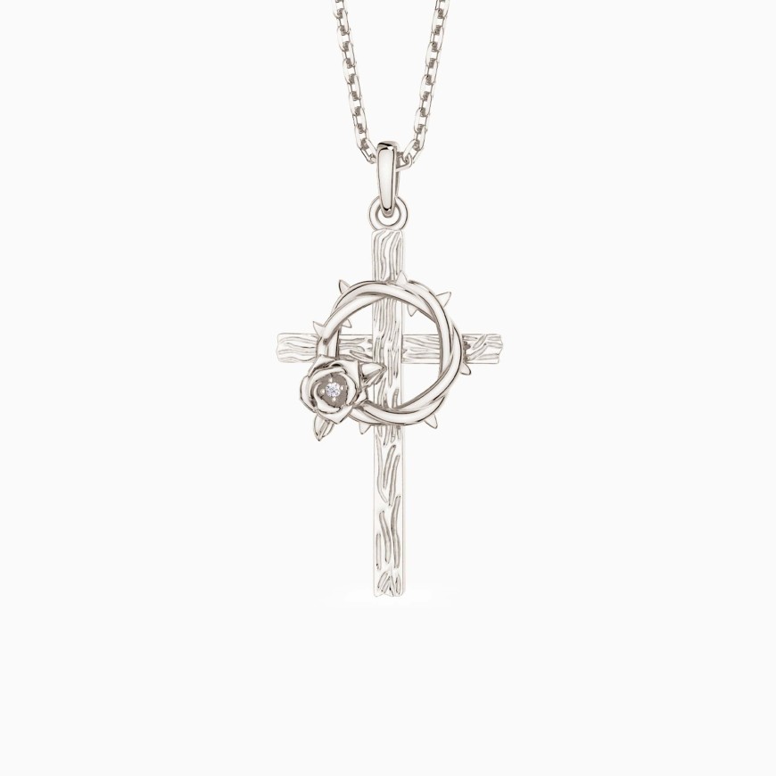Crown of Thorns Rose Cross Pendant Necklace