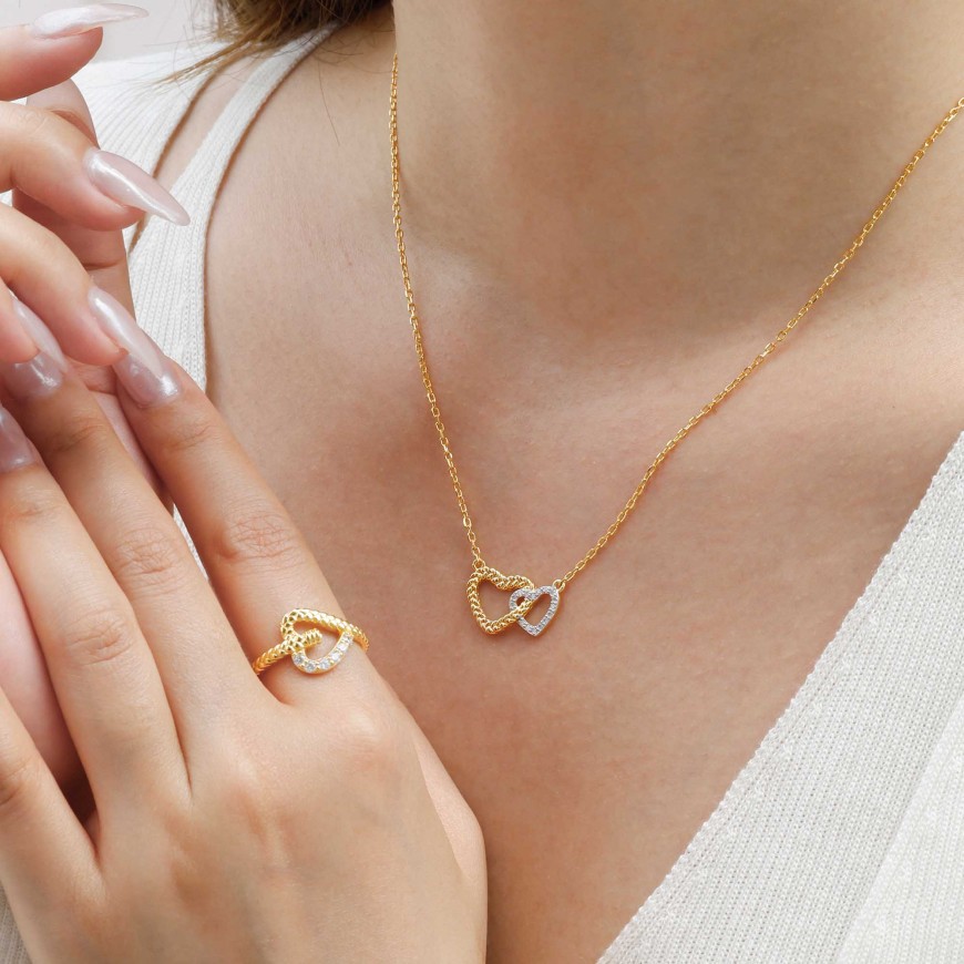 Two-Tone Braided Cord Double Heart Necklace