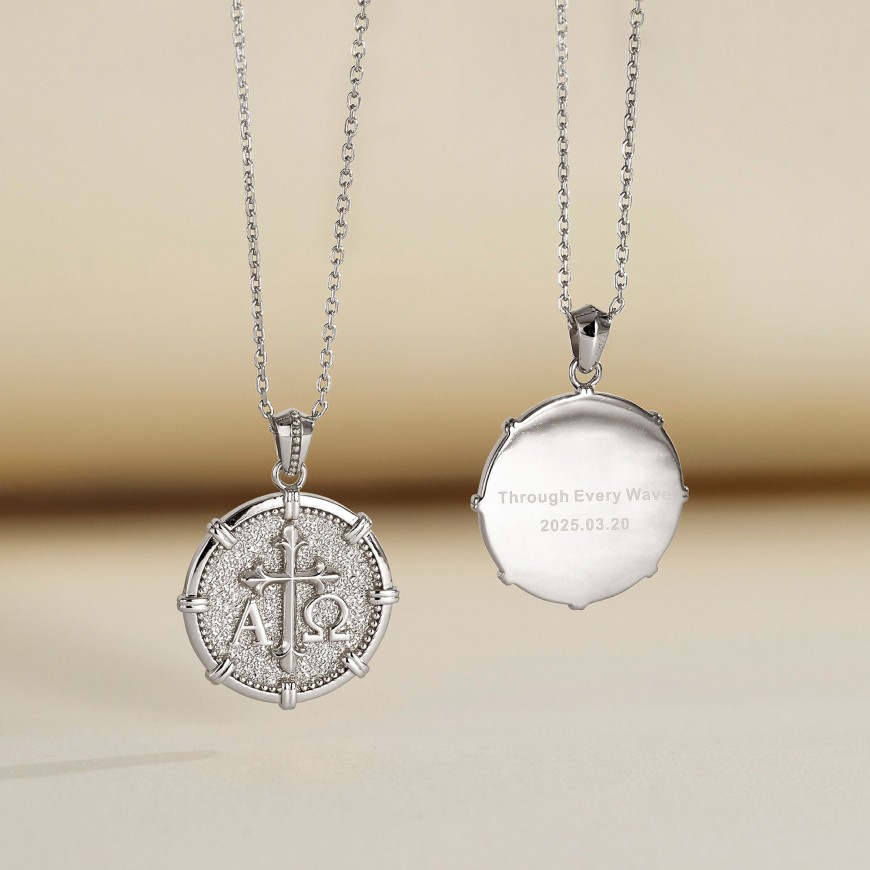 Personalized Alpha Omega Fleur-de-Lis Cross Medallion Necklace